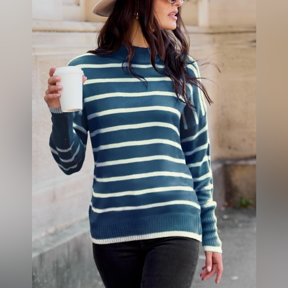 Women Mock Neck Sweater Tops Long Sleeve Sweaters Stripes Pullover Casual Shirts